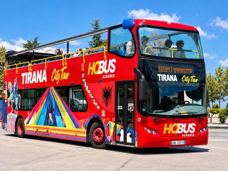 Red HOBUS double-decker bus of the Tirana City Tour in Albania