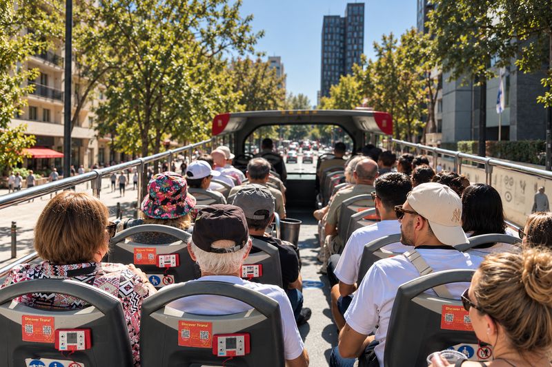 Passengers on the open top deck of the Tirana City Tour bus on a tree-lined boulevard in Tirana
